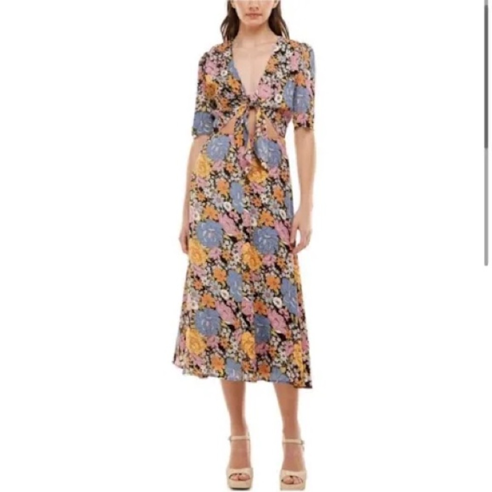 WAYF Floral Midi Dress with Tie Front